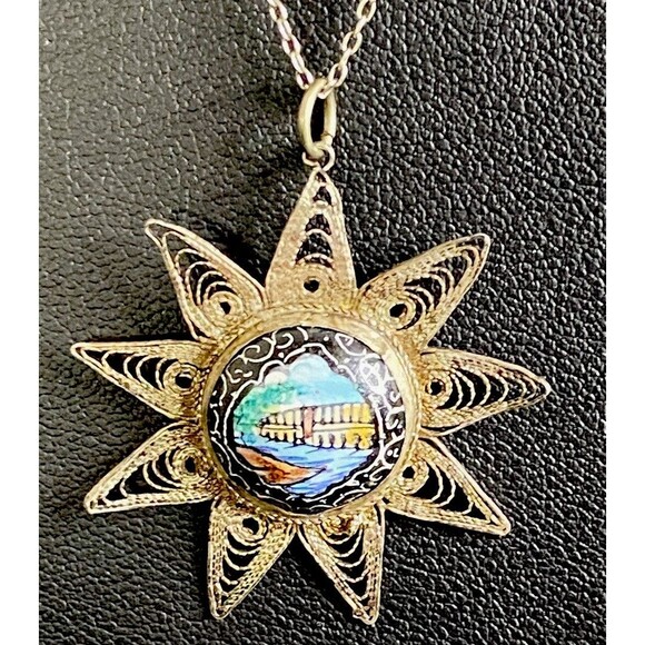 Antique Art Deco Sterling Filigree Porcelain Old Building Pendant+17” 925 Chain